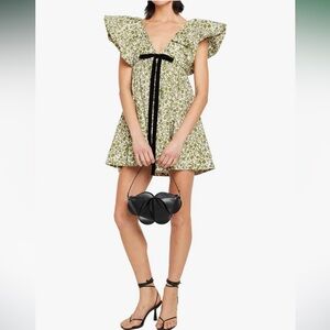 hibshaby Green Floral Babydoll Mini Dress – Ruffle Sleeves & Velvet Bow NWT